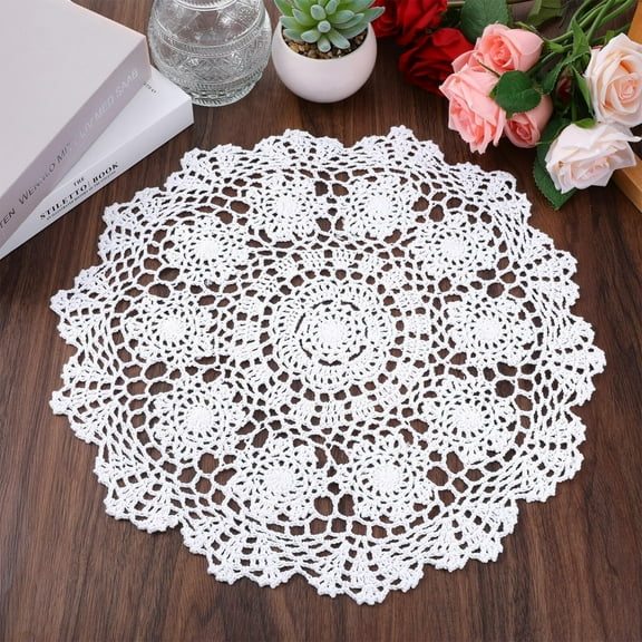 LKJYER Dollies for Tables, Large Cotton Handmade Table Doilies Vintage Round Crochet Doilies Lace Placemats Knitted Tablecloth for Home Kitchen Dining Room Wedding Party Decoration (White)