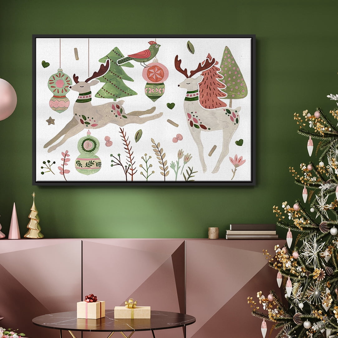 Reindeer Wishes Collection A - Framed Gallery Wrapped Holiday Canvas - 25 x 37 - Black Frame
