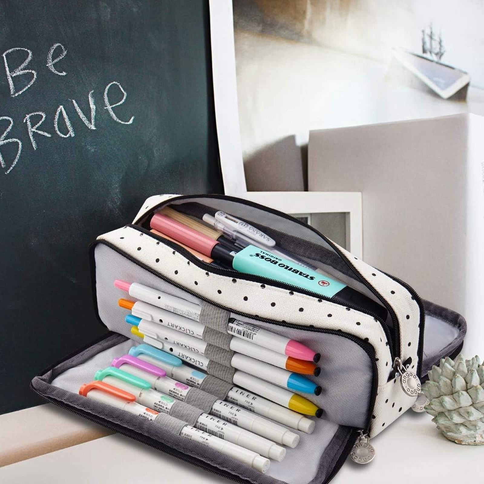 Large Capacity Pencil Case Polka Dot Pencil Pouch Multi Compartment Canvas Pencil Case Organizer Big Storage Pen Bag for Teens Supplies White Multi Pocket Pencil Case
