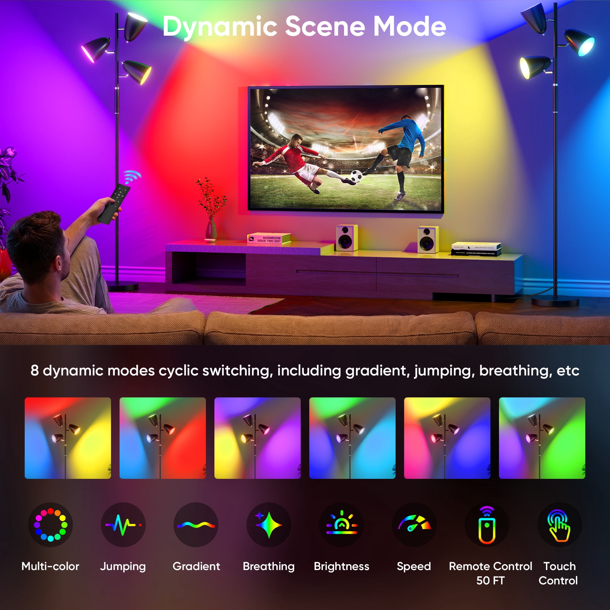 70" Modern Floor Lamp for Living Room, Tree Floor Lamp for Bedroom with 4 Colors Changing& RGB Mode, Remote and Touch Control Stepless Dimmable, Black