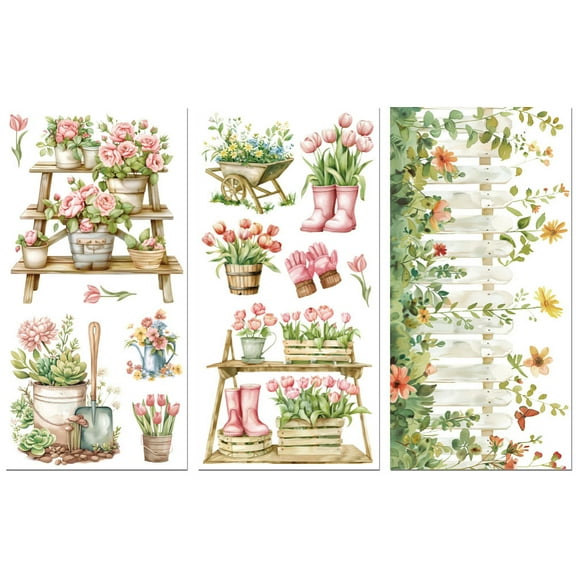 Rub on Transfer Decals for Furniture Crafts Decor Garden Flowers 6"x12" 3pcs Waterproof UV DTF Transfer Sticker for Dresser Lingerie Chests Drawer Glass Porcelain Wood Plastic Plastic