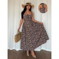 thumbnail image 3 of Elegant A-Line V-Neck Cinched Waist Flared Hem Floral Print Long Dress In Multicolor, 3 of 7