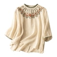thumbnail image 2 of Offre à Durée Limitée Iumwxz Hauts Amples Rétro en Lin Brodé Hauts Fluides pour Sortir Hauts Unis T-Shirts Manches 3/4 Col Rond pour Femmes Offres Hebdomadaires Vêtements de Rue, 2 of 4