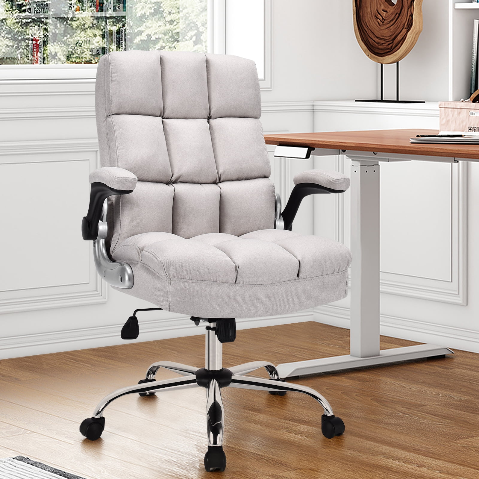 Globalway Giantex Linen Indoor High Back Computer Desk Chair with Thick Padding, Beige