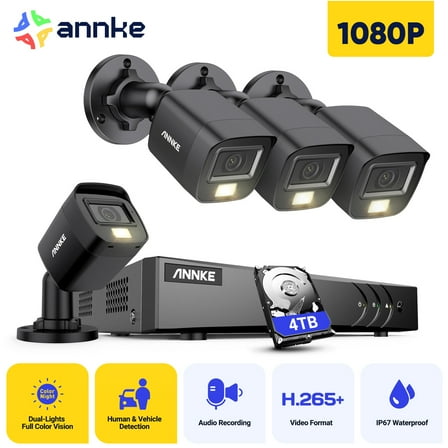 ANNKE 8CH Wired Outdoor Security Camera System with AI Human/Vehicle Detection, 5MP Lite H.265  CCTV DVR Recorder and 4 x 1080P Surveillance Cameras, Email Alert with Snapshots, 4TB HDD, Black