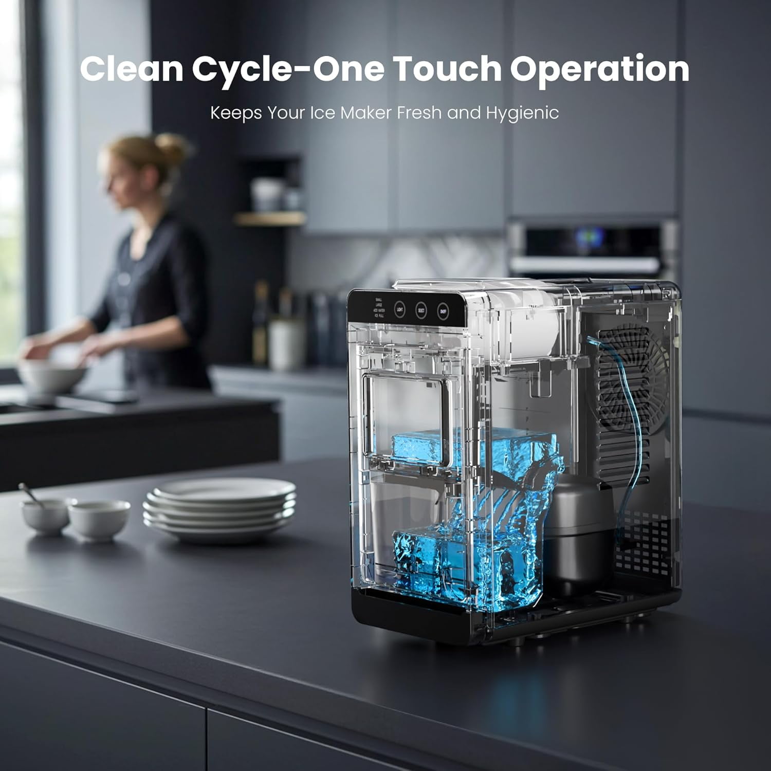 WAA Black Portable Ice Maker for Multiple Scenes 6 Mins for 8 Ice Cubes,Self-Cleaning,Interior Lighting,with 2 Ice Sizes & Intelligent Reminders