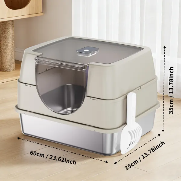 Fully Enclosed Stainless Steel Cat Litter Box White Odor Lock Design, No Litter Scatter, Easy Flip-Top Cleaning