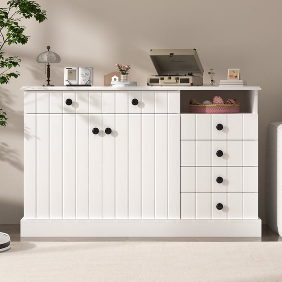Katalora Farmhouse Storage Cabinet, White Office Organizer with 5 Drawers, 2 Doors and Open Shelf, Fluted Accent Cabinet for Home Office,Living Room,Entryway