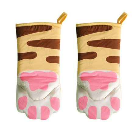 

AUREVOIR A Pair Kitchen High Heat Resistant Cooking Mitts Cat Glove Extra Long Yellow-Pink