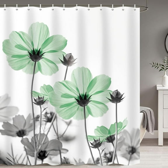 Watercolor Floral Shower Curtain, Sage Green Flower Shower Curtains for Bathroom, Modern Minimalist White Grey Rustic Farmhouse Fabric Shower Curtain Set with Hooks, 72X72in