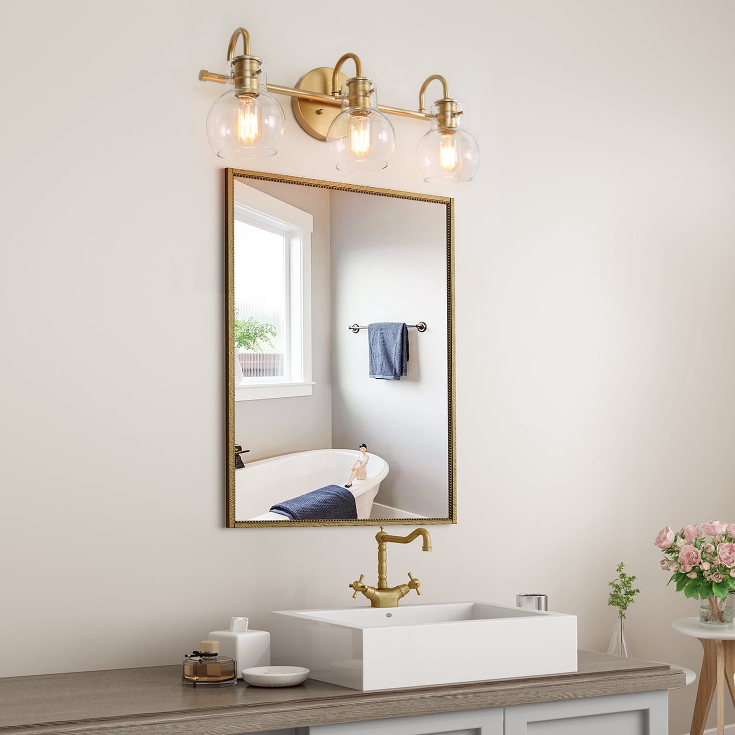 LNC Wall Light Gold 3-Light Modern Bathroom Vanity Fixture with Clear Glass