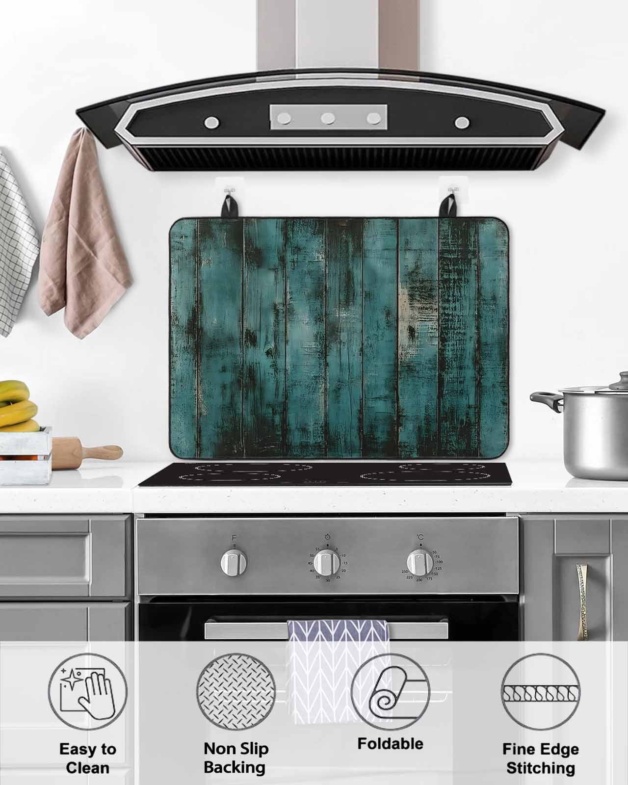 nqOlkjepod Large Induction Cooktop Protector Mat 24"x21", Teal Wood Print Stove Top Covers for Electric Stove, Farmhouse Vintage Shabby Plank Stove Burner Cover Mats, Glass Top Stove Cover