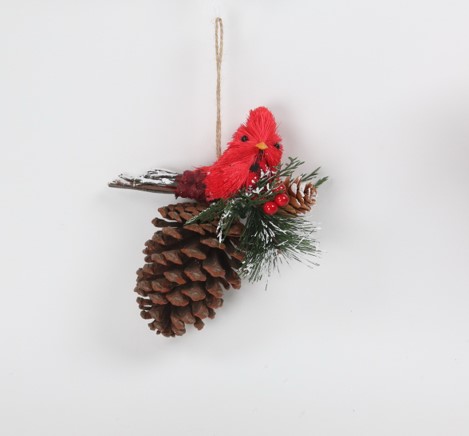 Woodland Cardinal Bird Perched on a Pinecone Frosted Christmas Ornament - 6.75"