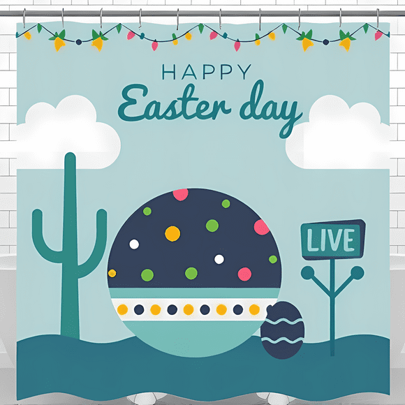 Whimsical Easter Shower Curtain with Colorful Polka Dot Egg & Saguaro Cactus - Fun Bathroom Decor