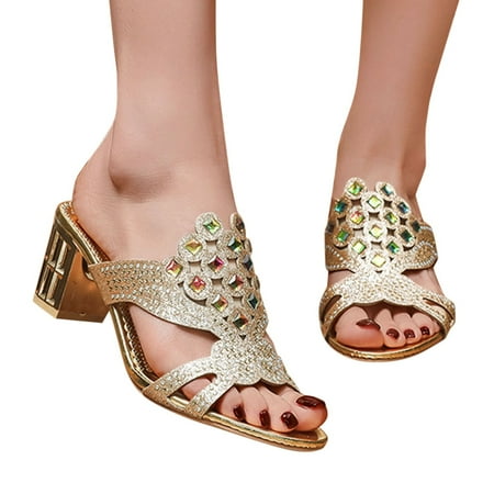 

Aayomet Platform Sandals Sandals For Women Ladies Heel High Heel Fish Mouth Casual Bohemian Beach Shoes Rhinestone Gold 8