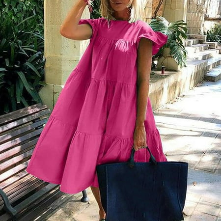 

YanHoo Women s Summer Dresses Ruffle Short Sleeve Round Neck Mini Dress Casual Loose Solid Dress