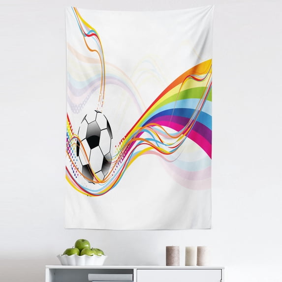 Soccer Tapestry, Rainbow Patterned Swirled Lines Abstract Football Pattern Colorful Stripes Design, Fabric Wall Hanging Decor for Bedroom Living Room Dorm, 5 Sizes, Multicolor, by Ambesonne