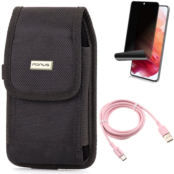 6ft USB-C Cable & Case Belt Clip & Privacy Screen Protector for Samsung Galaxy S22 (6.1") - Pink Charger Cord & Rugged Holster & TPU Film Fingerprint Works Accessory Bundle
