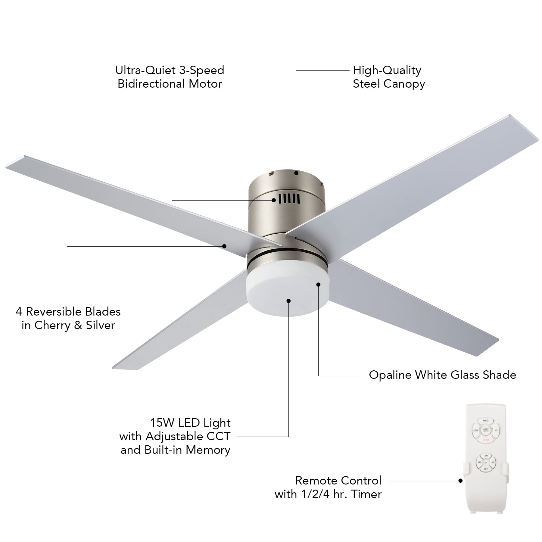 Bestco Ceiling Fan with Light Color Settings Remote 52" Reversible Wood Silver Blades