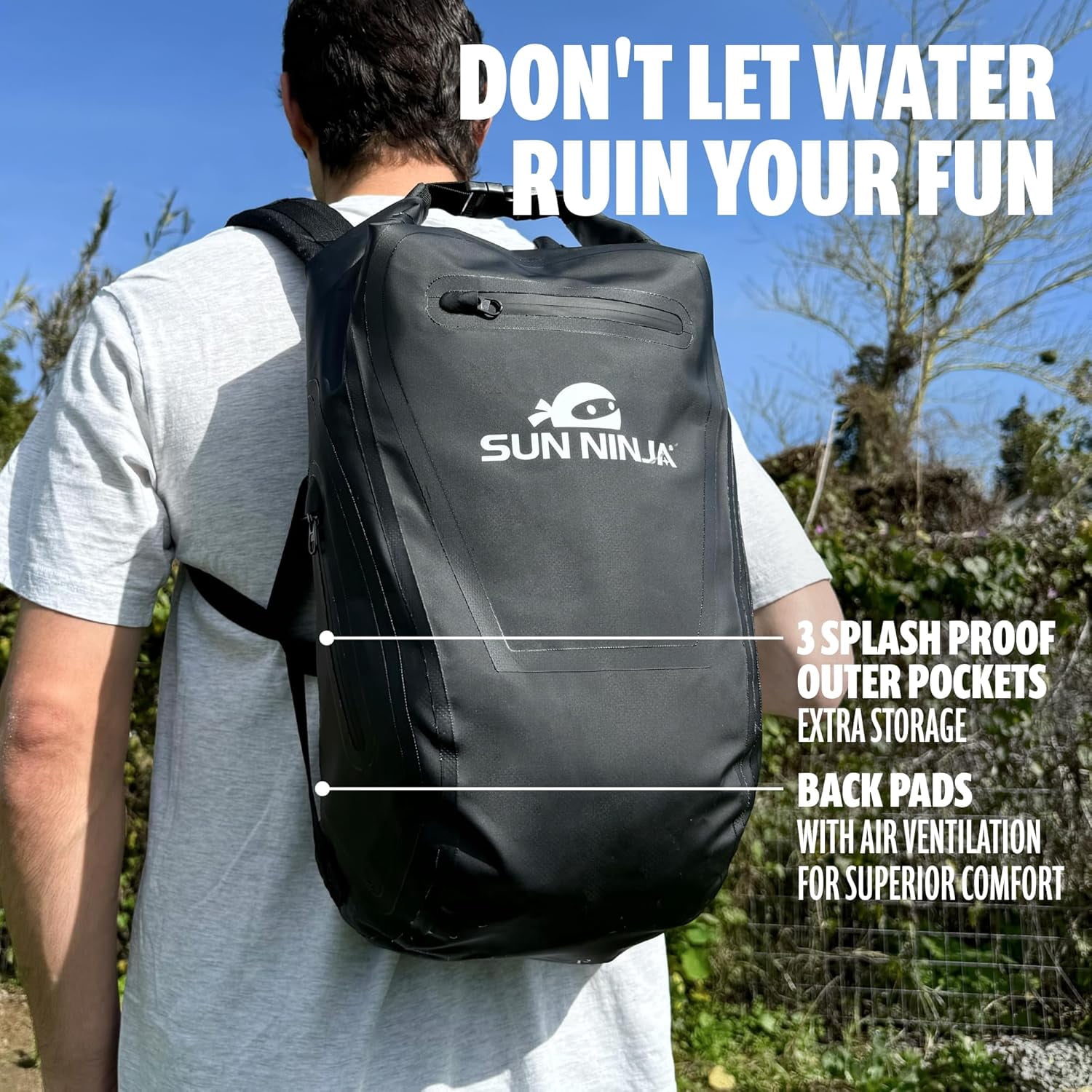SUN NINJA Dry Bag Backpack, Waterproof Floating Drybag for Kayaking & SUP, Dry Bags Waterproof Backpack for Men & Women, Dry Sack Waterproof Bag, 20L Capacity - Black
