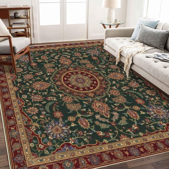 Area Soft Rugs 5x7 Washable Non Slip Boho Small Floor Entryway Rugs for Living Room Bedroom, Vintage Style Farmhouse Mat for Kitchen Red & Green