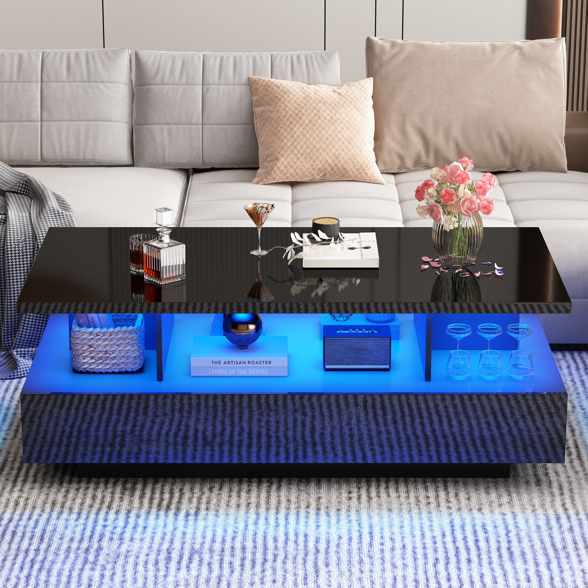 Blotout LED Black Coffee Table with 2 Storage Drawer, 43" Modern High Glossy Coffee Tables w/Open Display Shelf, Rectangle 2-Tier Center Table for Living Room(Black-43")