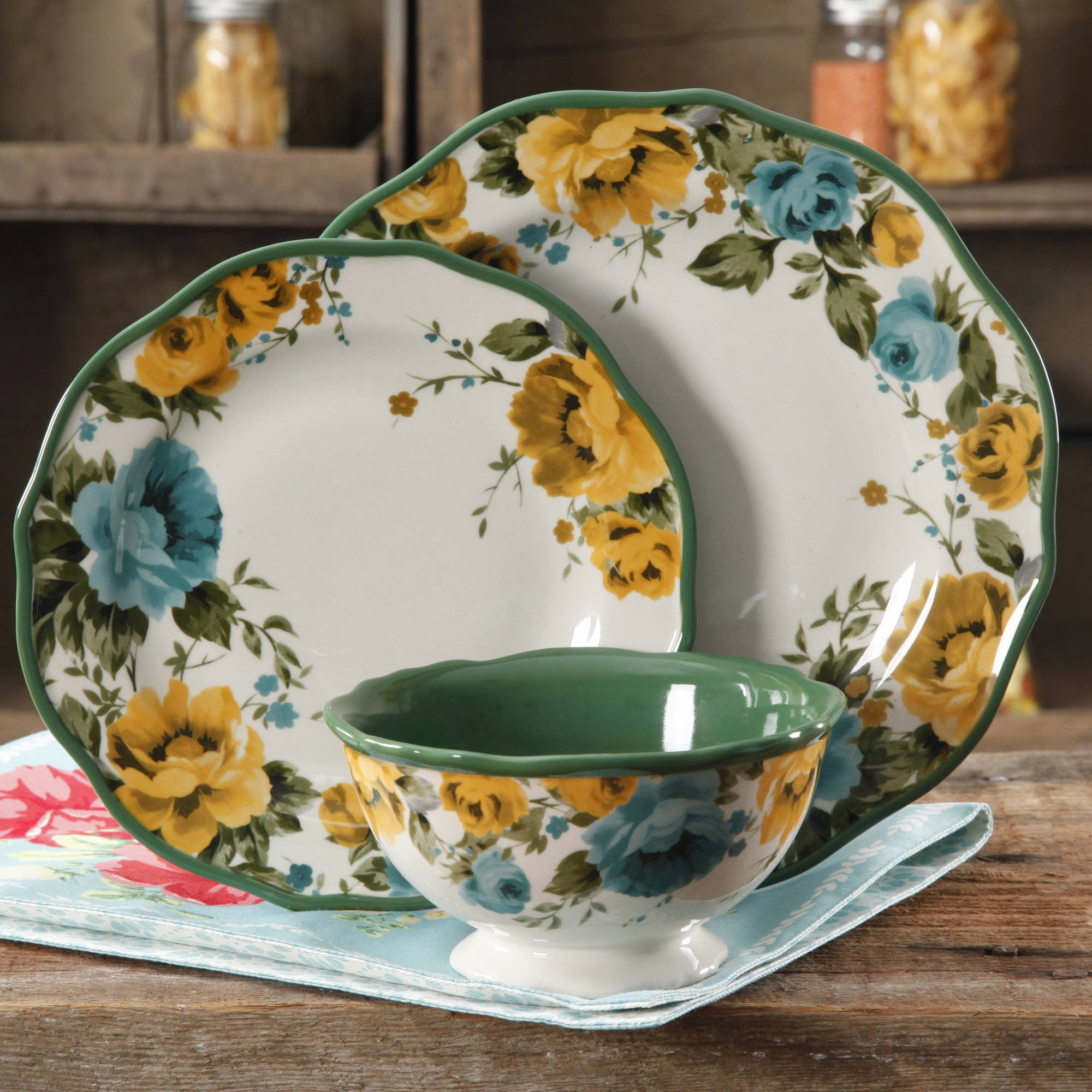 The Pioneer Woman Dinner Plate 10.75" Teal Back Vintage Floral Set Of 4 