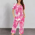 thumbnail image 2 of HUJlwoi Women Button down Pajama Tie Dye Printed Sleepwear Sets Short Sleeve Shirts and Capri Pants Lounge Pj Sets with Pocket, 2 of 5