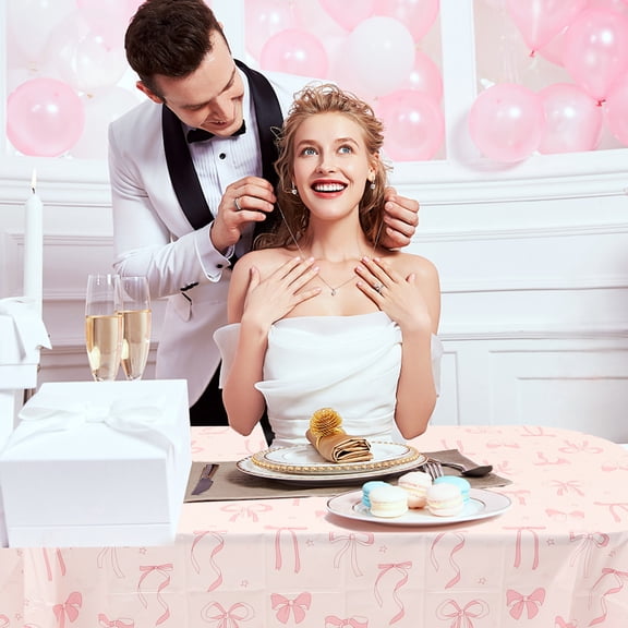 3Pcs Pink Bow Tablecloth Cute Bow Knot Fabric Table Cloth Washable Table Cover for Coquette Birthday Baby Shower Party Home Kitchen Decor, 54 x 108 Inch