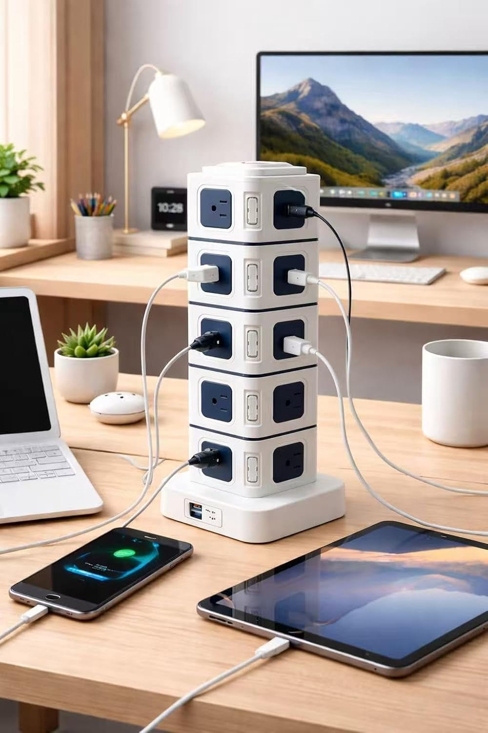 22-in-1 Power Strip Tower Surge Protector, 5-Tier Charging Station with 20 AC Outlets & 2 USB Ports, 9FT Heavy Duty Extension Cord, Independent Switches for Each Layer