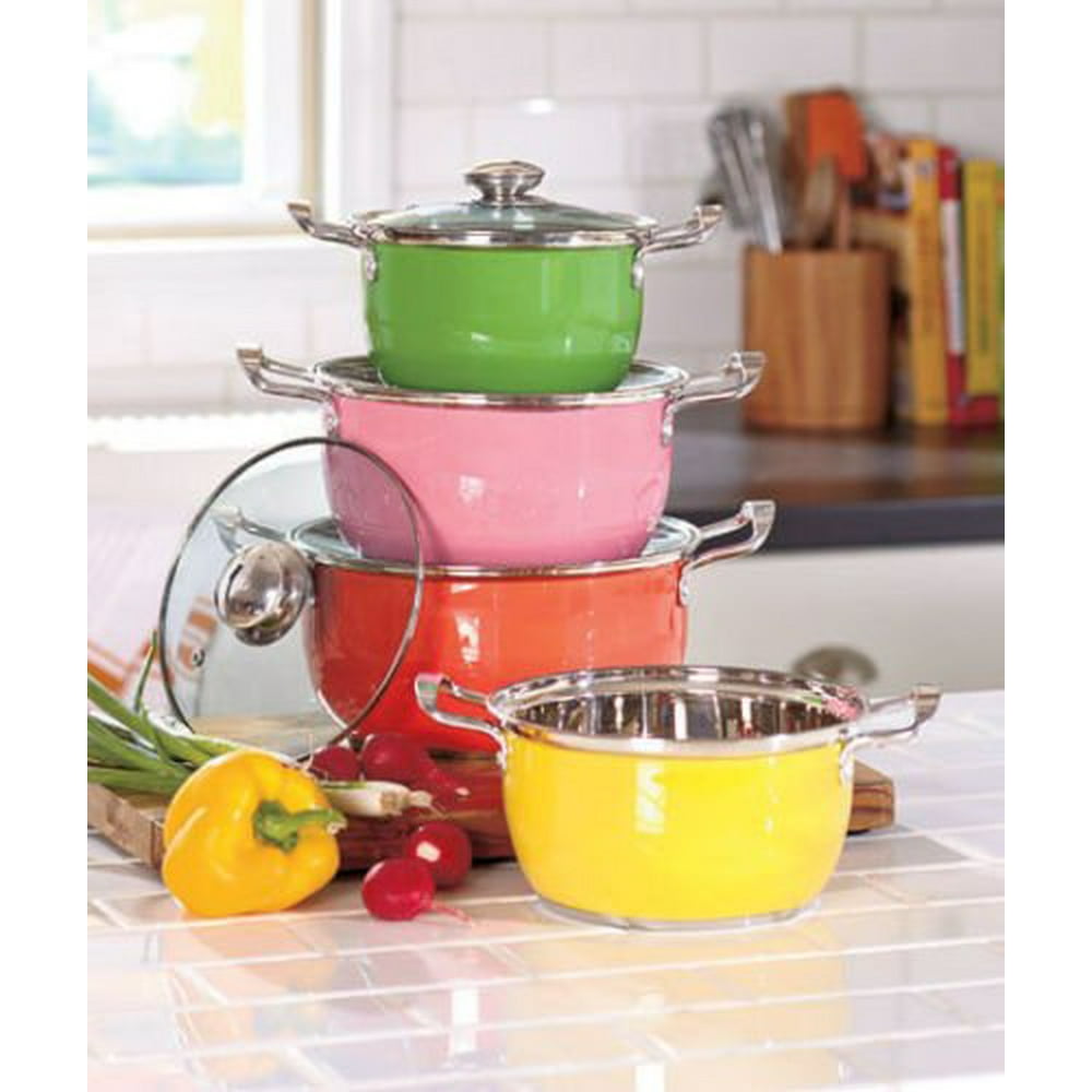 Colorful 8 Pc Stainless Steel Cookware Set W/vented Glass Lids Kitchen