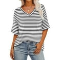 thumbnail image 5 of cocolona Womens Summer Striped Blouses V Neck Short Sleeve Tops Fashion Casual Loose T-shirts Gray 2XL, 5 of 5