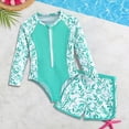 thumbnail image 2 of LIIPEE Girls Swimsuit Sets Casual Summer Fashion Graphic Printed Long Sleeve Crew Neck Zipper One-Piece Swimsuits Beach Shorts 2 Piece Set Kids Pool Rash Guard Cute Swimsuits,Green,5-6 Years, 2 of 8