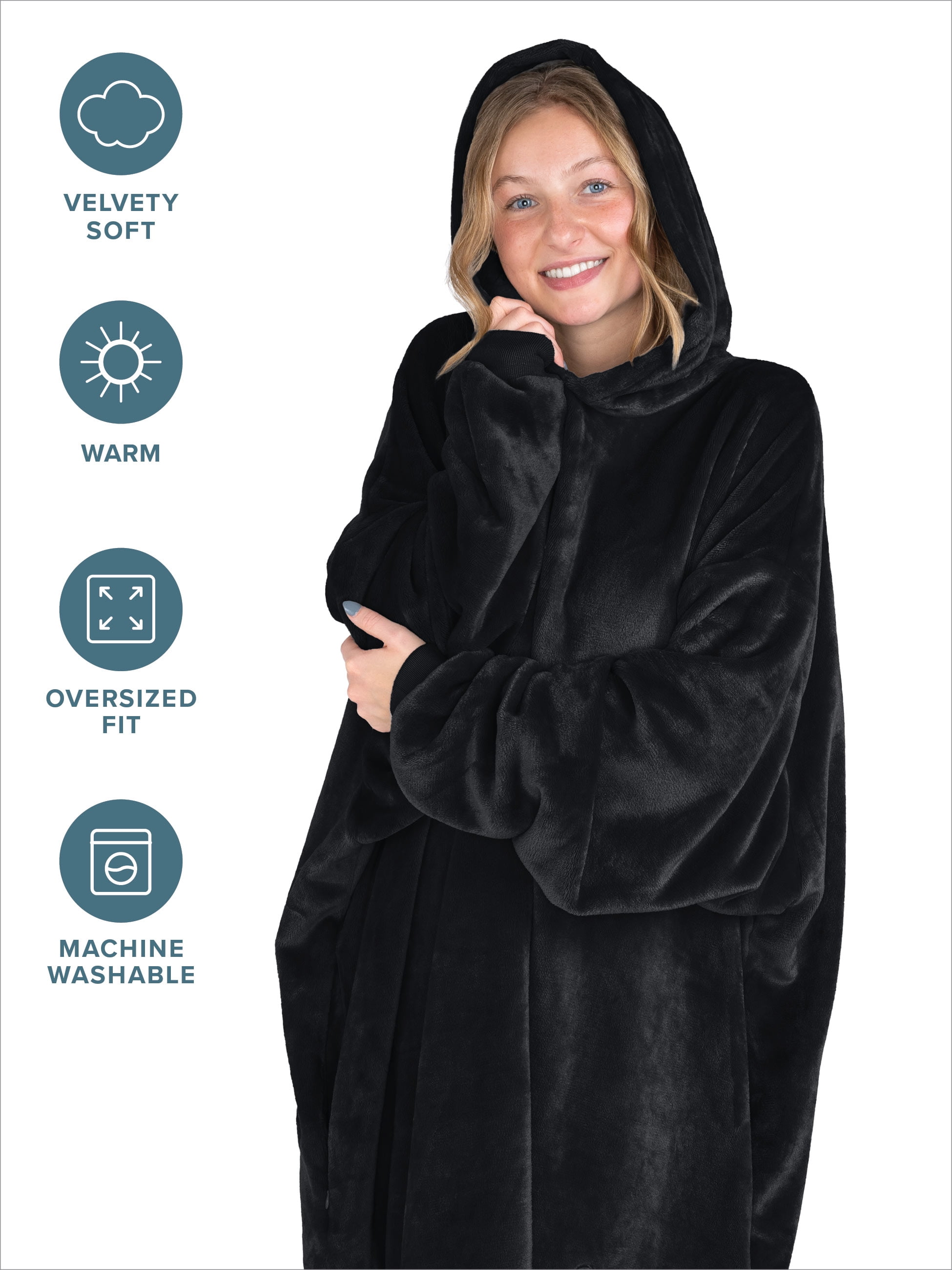 Bare Homey Adult Size Microplush Wearable Blanket - Zipper Side Pockets - Warm - Velvety Soft, Black