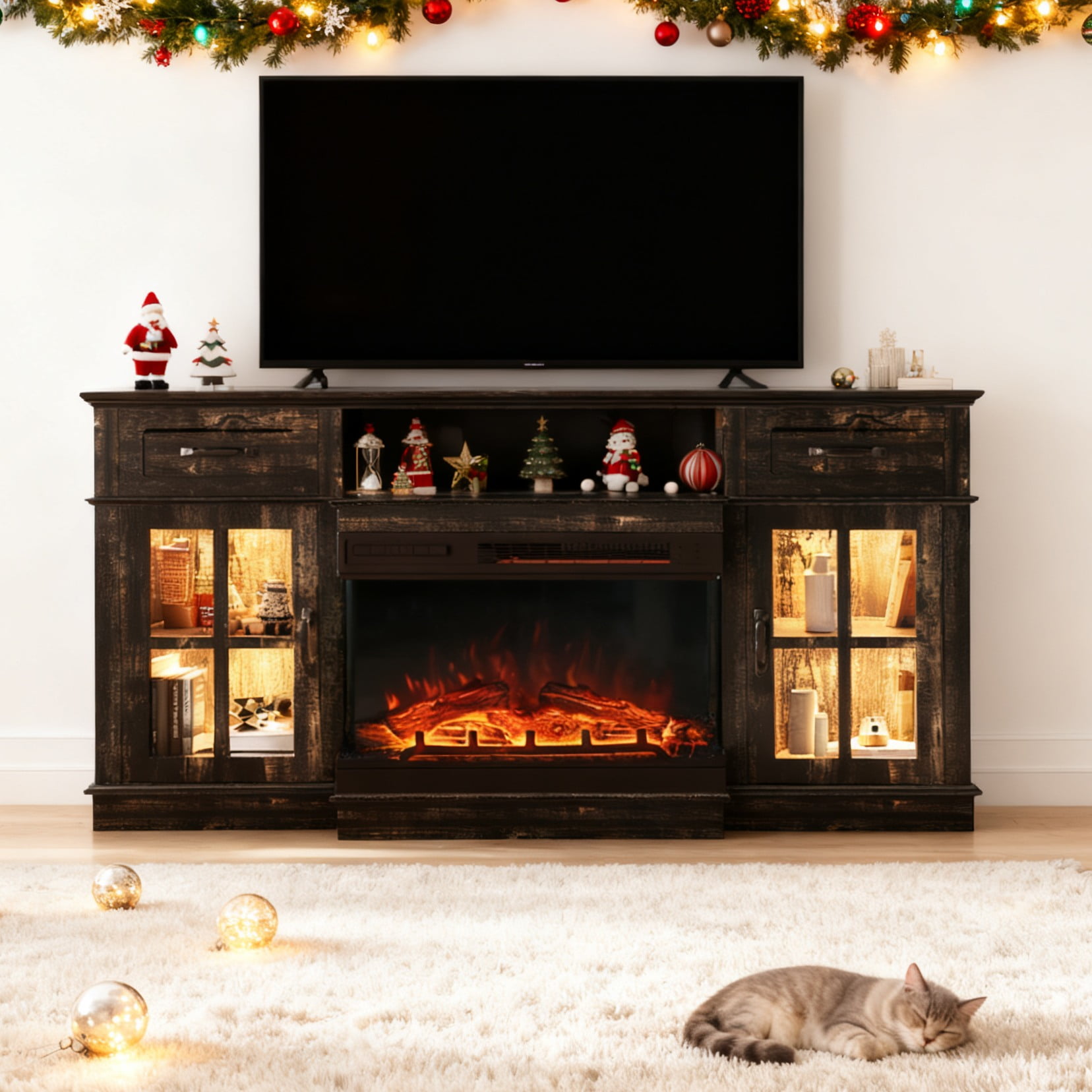 Ktaxon Modern 70" TV Stand with Fireplace, Entertainment Center with 36in Heater for 55/60/65/70" TVs with 2 Doors, Drawers & Shelves, Black Oak