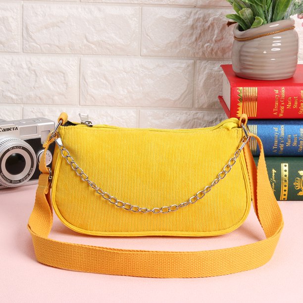 Bolso Bandolera Femenino Bolso bandolera de pana de moda para mujer, Bolso de hombro con cadena sólida (amarillo)