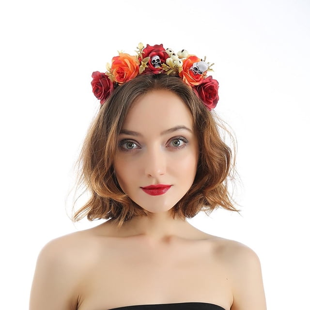 Serre-tête à Moins de 5 $ Serre-Têtes à Fleurs Rouges pour Femmes Couronne de Roses Rouges Fleur d'Halloween Cheveux de Fleur Coiffe de Demoiselle d'Honneur Jour des Morts Couronne Florale pour Maternité Mariage