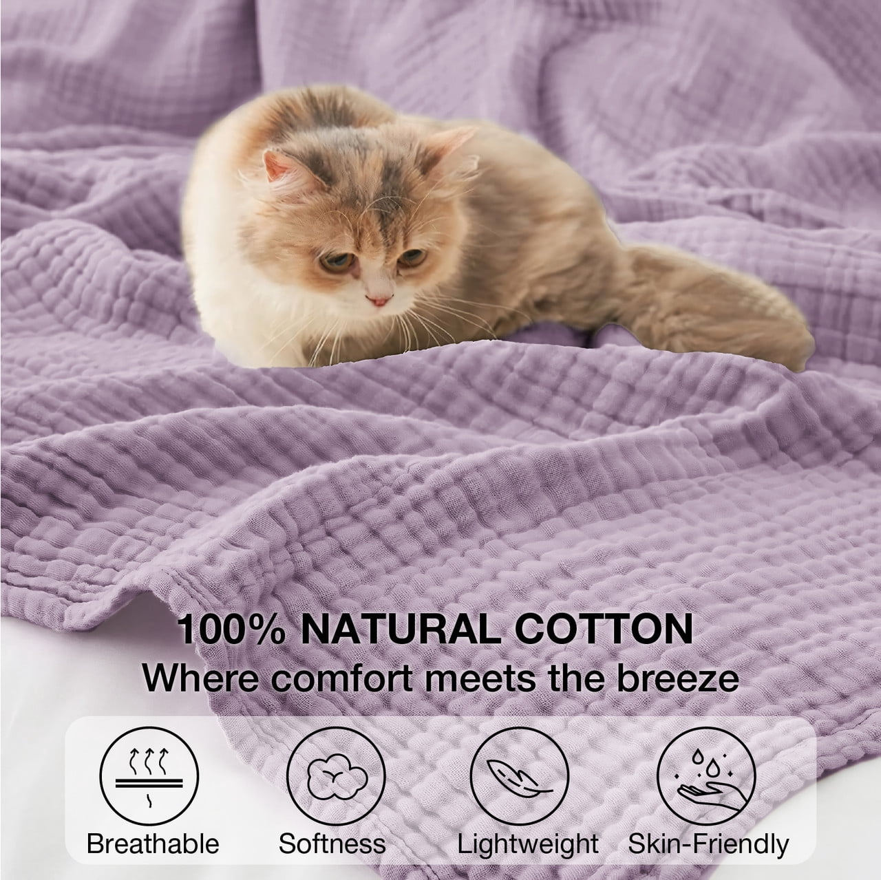 100% Cotton Muslin Blanket King 108" x 90", 6 Layers Lightweight and Breathable Throw Blankets for Bed, Soft Cooling Gauze Blanket for Adults All Season, Lavender