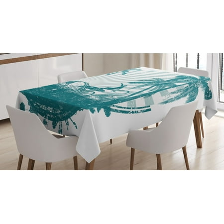 

Ride The Wave Tablecloth Grunge Tropical Scene with Man Surfing Surreal Sports Adventure Illustration Rectangular Table Cover for Dining Room Kitchen 52 X 70 Inches Teal White by Ambesonne
