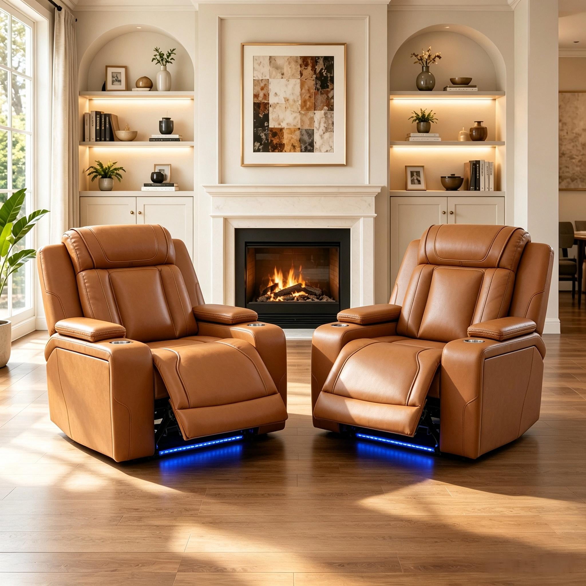 Gewnee Power Recliner Chair, Adjustable Reclining Lounge Chair with USB Ports, LED Lights & Cup Holders, Air Leather Upholstered Single Sofa Recliner for Living Room, Office, Orange Yellow