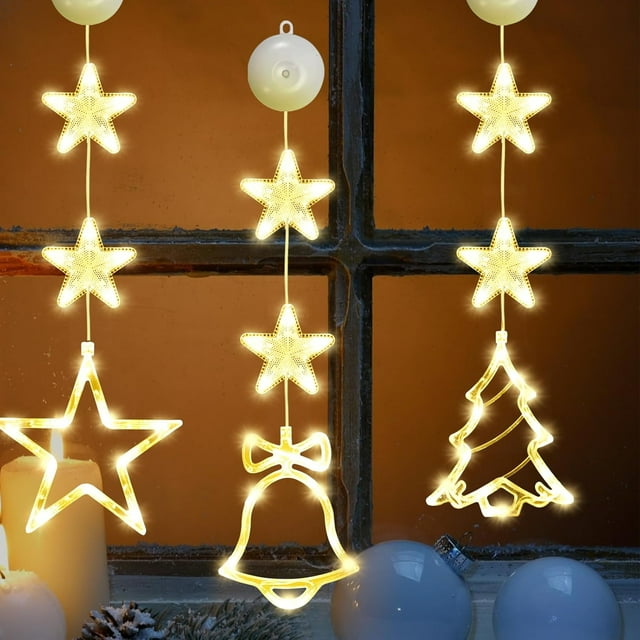 3 Pcs Christmas Window Lights, Battery Operated Christmas Window Hanging LED Lights, Xmas Tree & Bell & Star Shaped Warm White Christmas Light with Sucker for Christmas Decorations Indoor