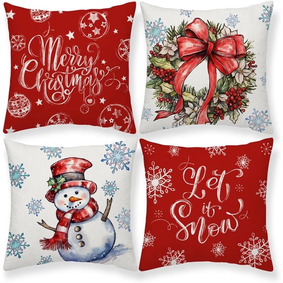 Snowman Wreath Snowflake Christmas Throw Pillow Covers 18 x 18 Inch Christmas Balls Xmas Winter Holiday Cushion Case Decoration for Sofa Couch Set of 4
