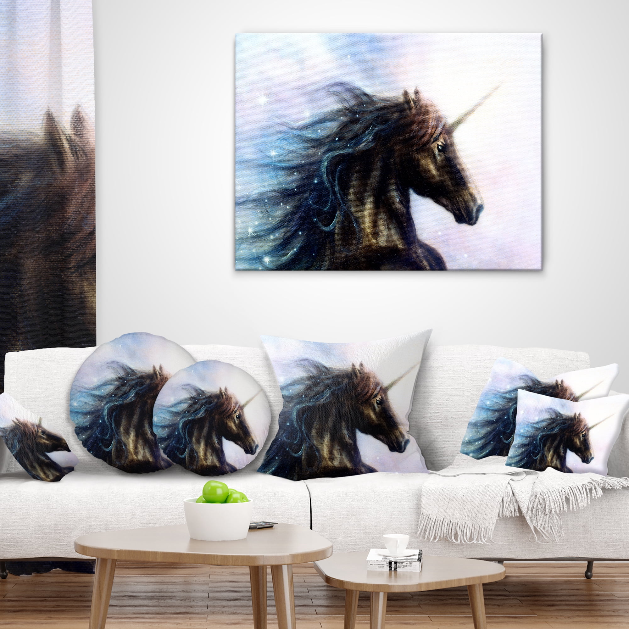 Designart Black Unicorn - Animal Throw Pillow - 18x18