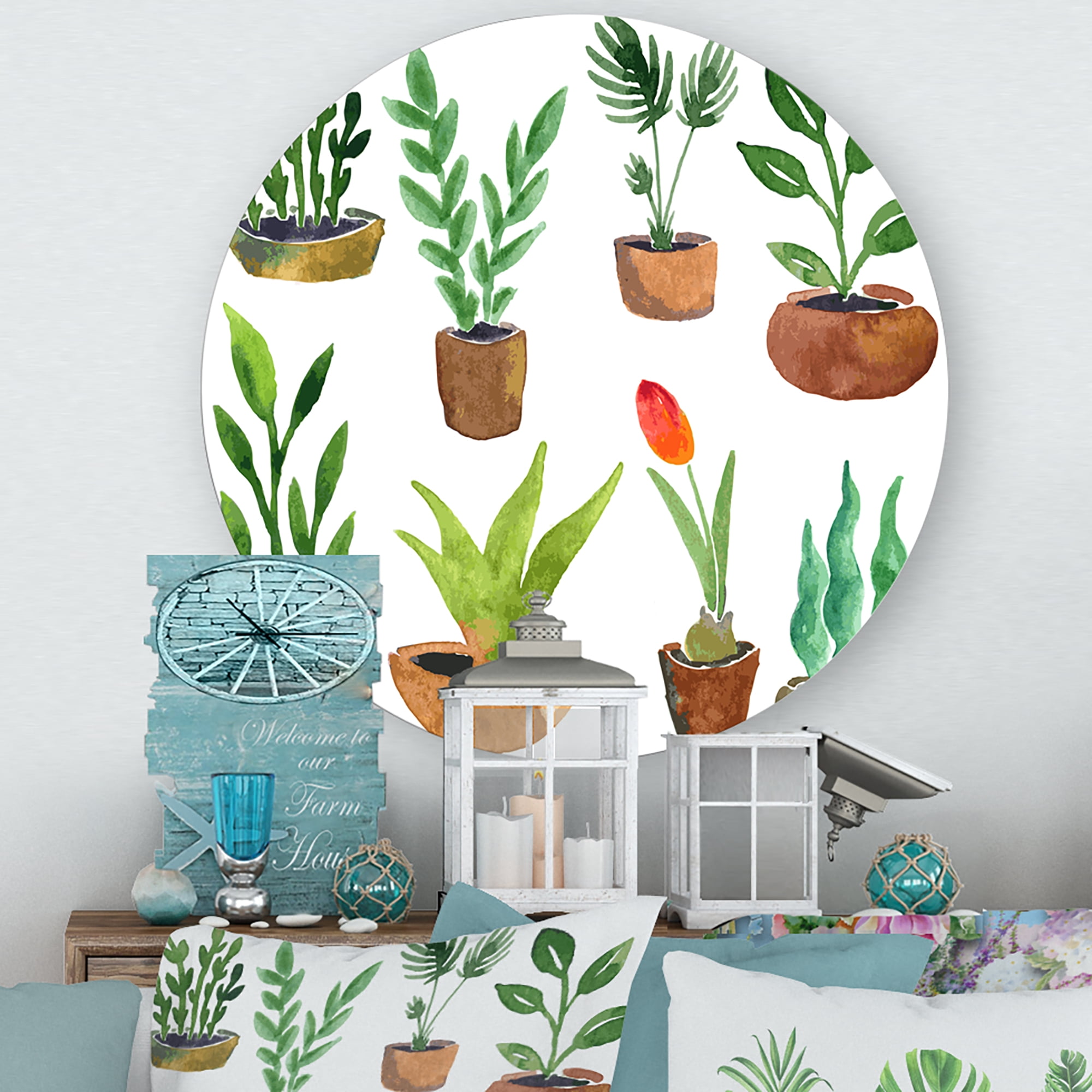 Designart 'Eight House Plants In Claypots' Traditional Circle Metal Wall Art 23x23 - Disc of 23