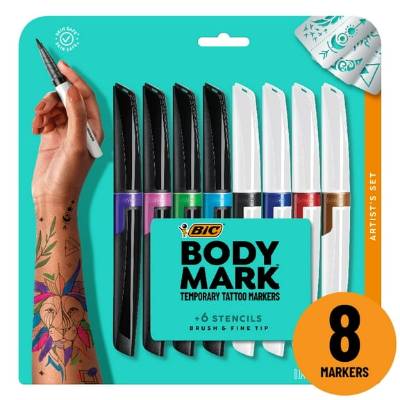 BIC BodyMark Temporary Tattoo Marker, Brush Tip and Fine Tip, Assorted Colors, 8 Count (Includes 6 Stencils)