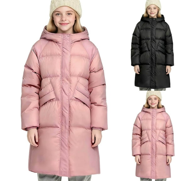 HAOTAGS Big Girls Mid-length Winter Coats(5-15), Hooded Zip Up Padded Jacket Thickened Casual Warm Outerwear Pink 9-10Years