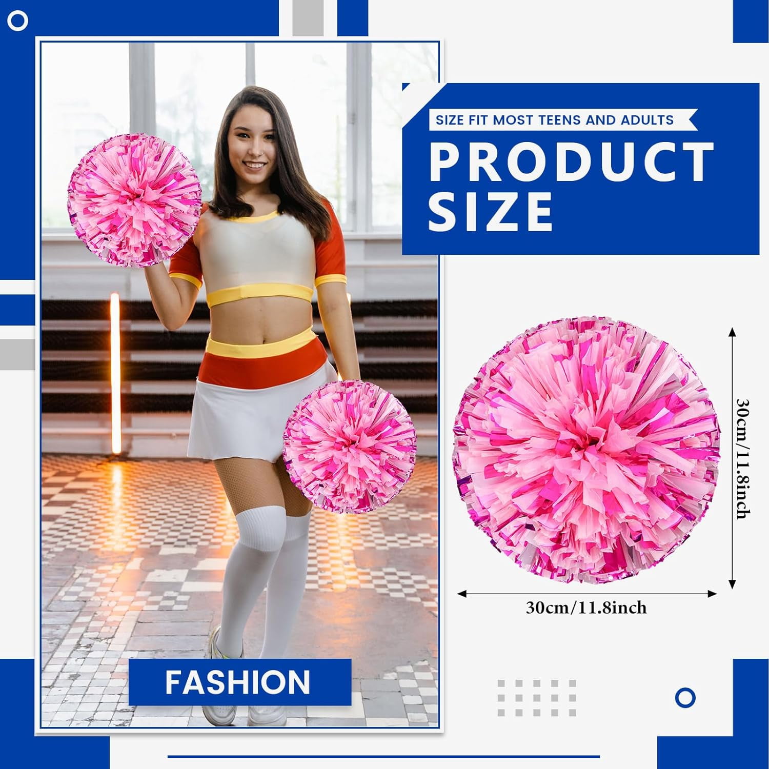 Cheerleader Pom Poms 12 Pack Sports Dance Cheering Plastic Metallic Cheerleading Pom Poms for Kids Adults-Ring Style