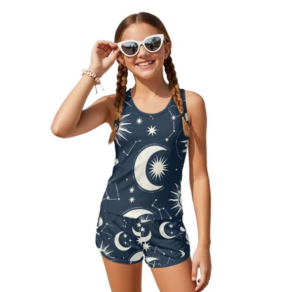 POLERO Big Girls Summer Swimwear Tankini Two Piece with Boyshorts Removable Pads Moon Sun Print Quick Dry Sun Protection