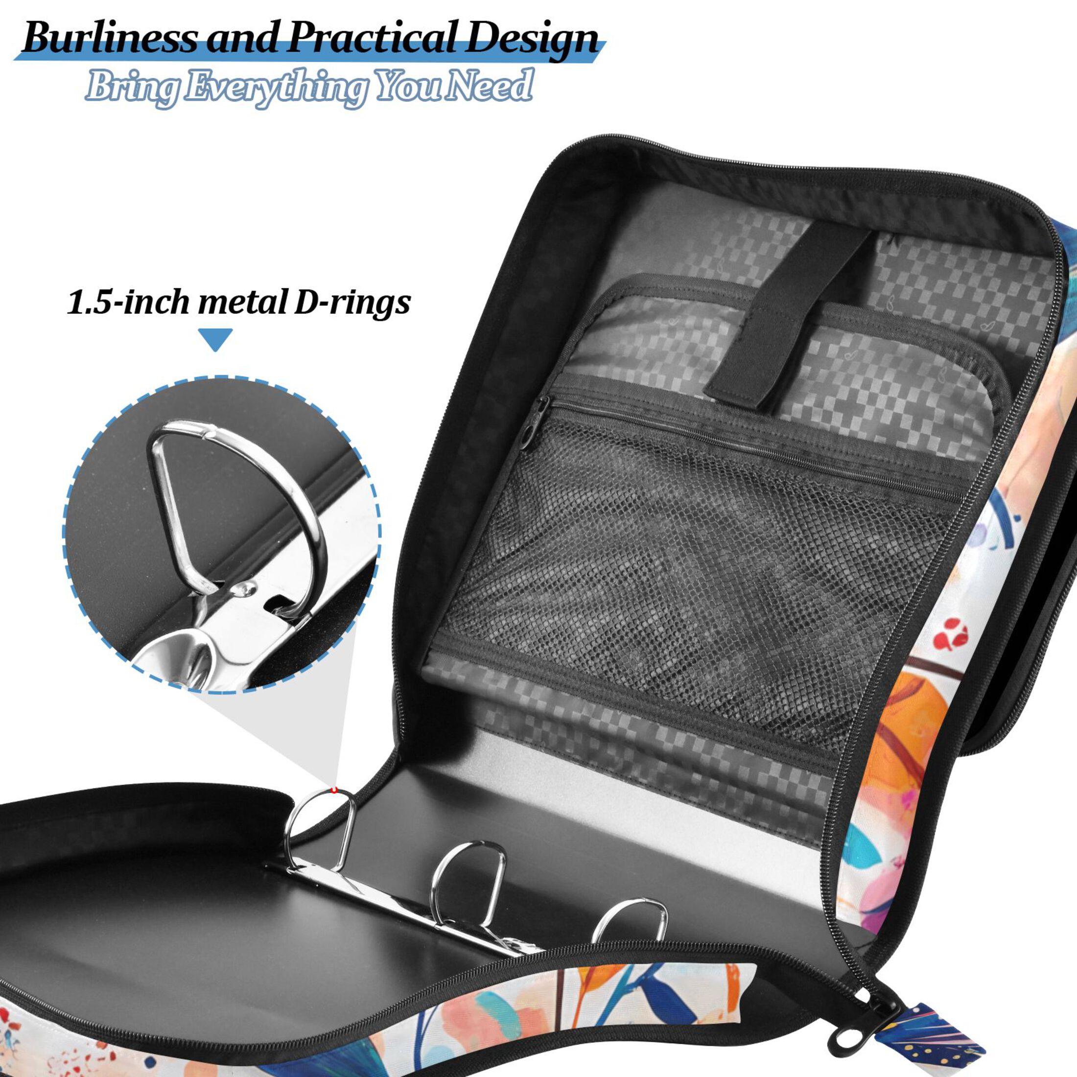 3 Ring Zipper Binder with Shoulder Strap Waterproof Trapper Keeper 2 Inch D-Ring 500 Sheets Capacity Abstract Birds and Flowers