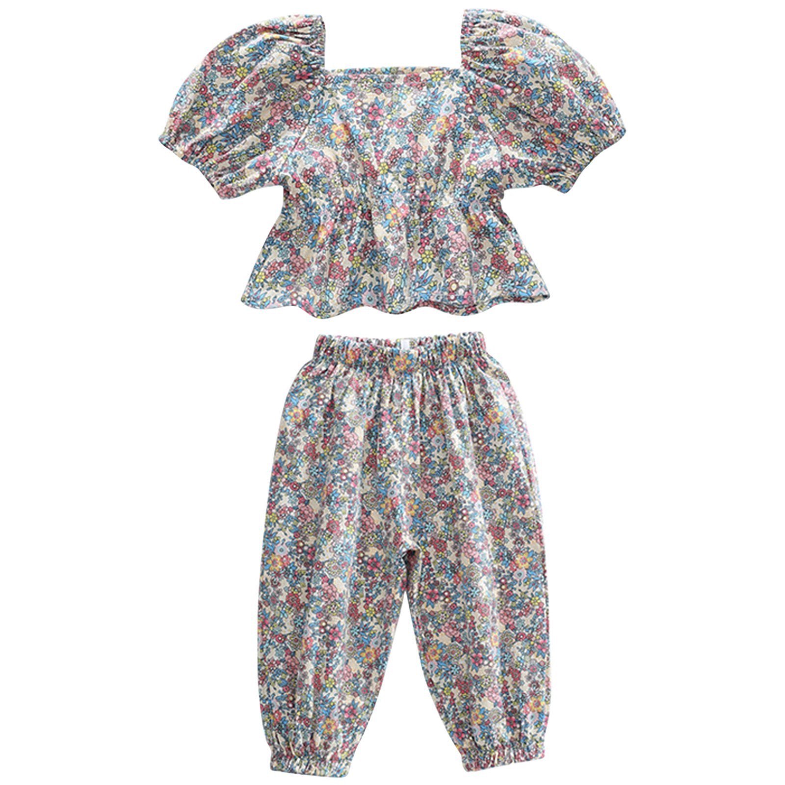 GiLiling Kids Girls Summer Floral Outfit Set - Bubble Sleeve Shirt Top with Pants Casual 2 Piece Clothing Set (Red 3-4 Years)